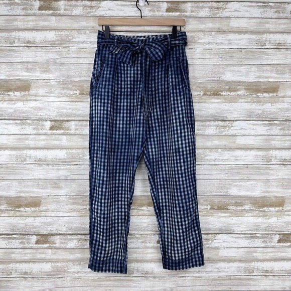ANTHROPOLOGIE Maeve Avryl Blue Plaid Bleached Slim Paper Bag Pants Size 2 - Picture 15 of 16